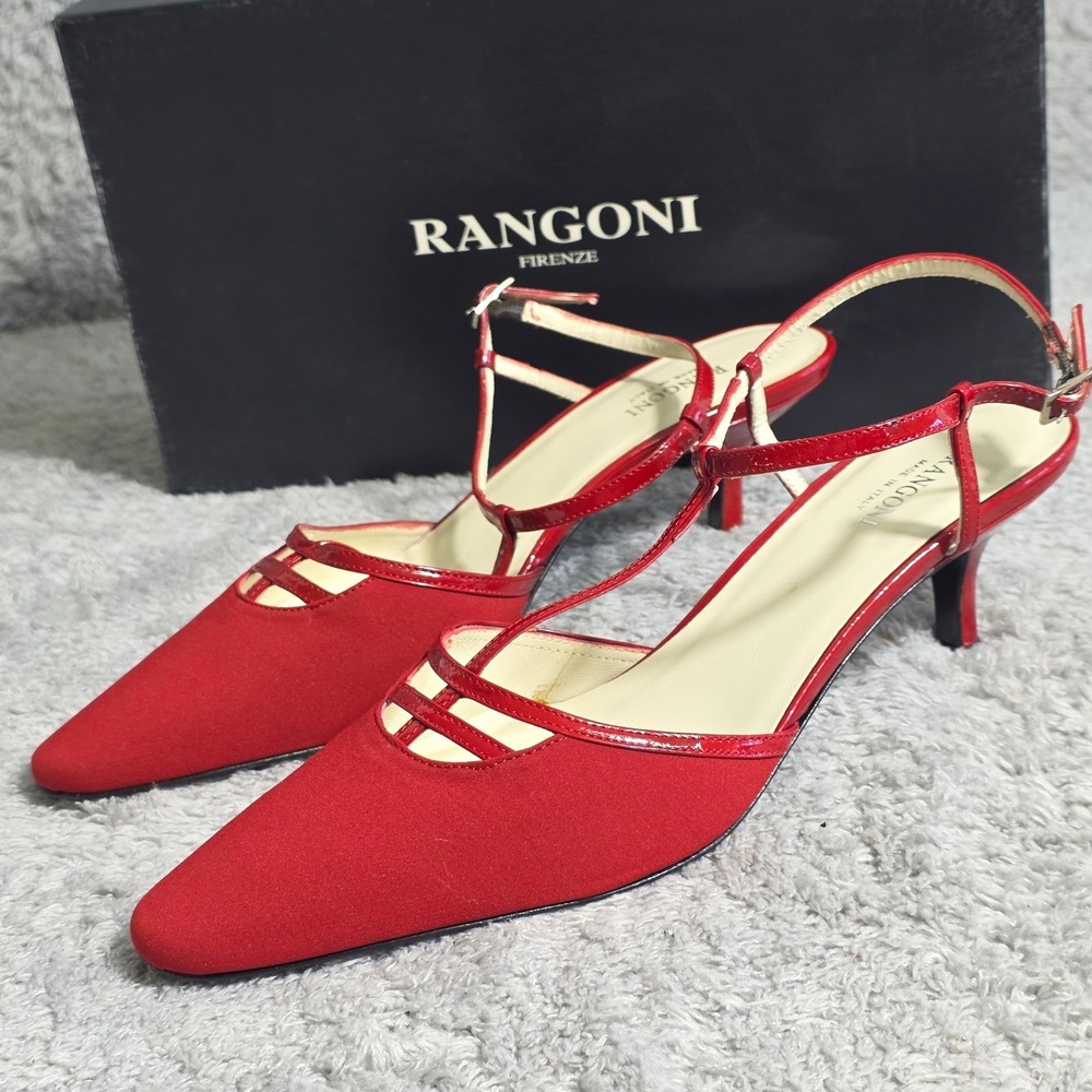 VTG Rangoni Firenze Red T Strap Italian Leather Heels Pointed Toe 7.5 B NEW